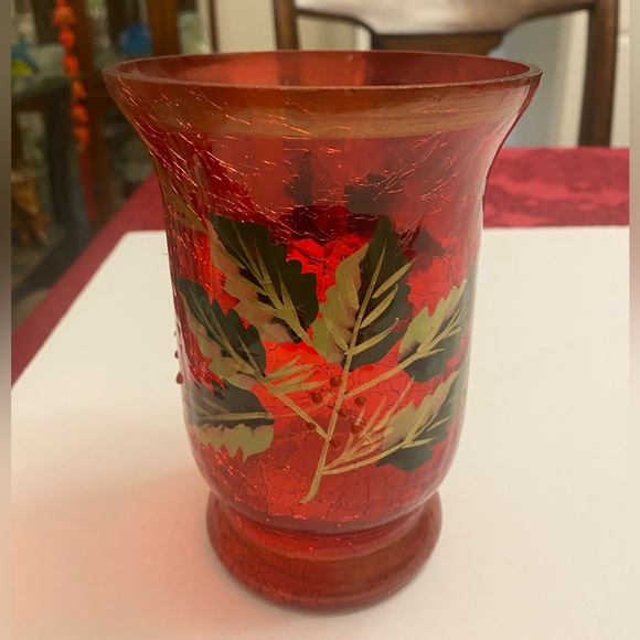 Vintage Red Crackle Glass Hurricane Vase Hand Painted Christmas Poinsettias 6” - Picture 4 of 12